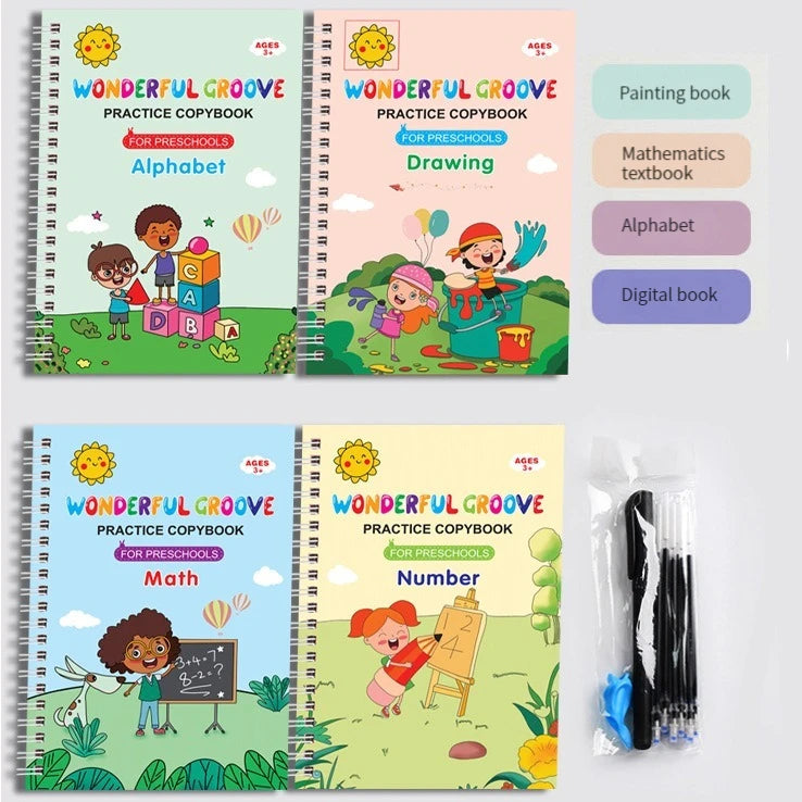 Magical Grooved Writing Practice Books, Copybooks and Pens for Kids ( Reusable )