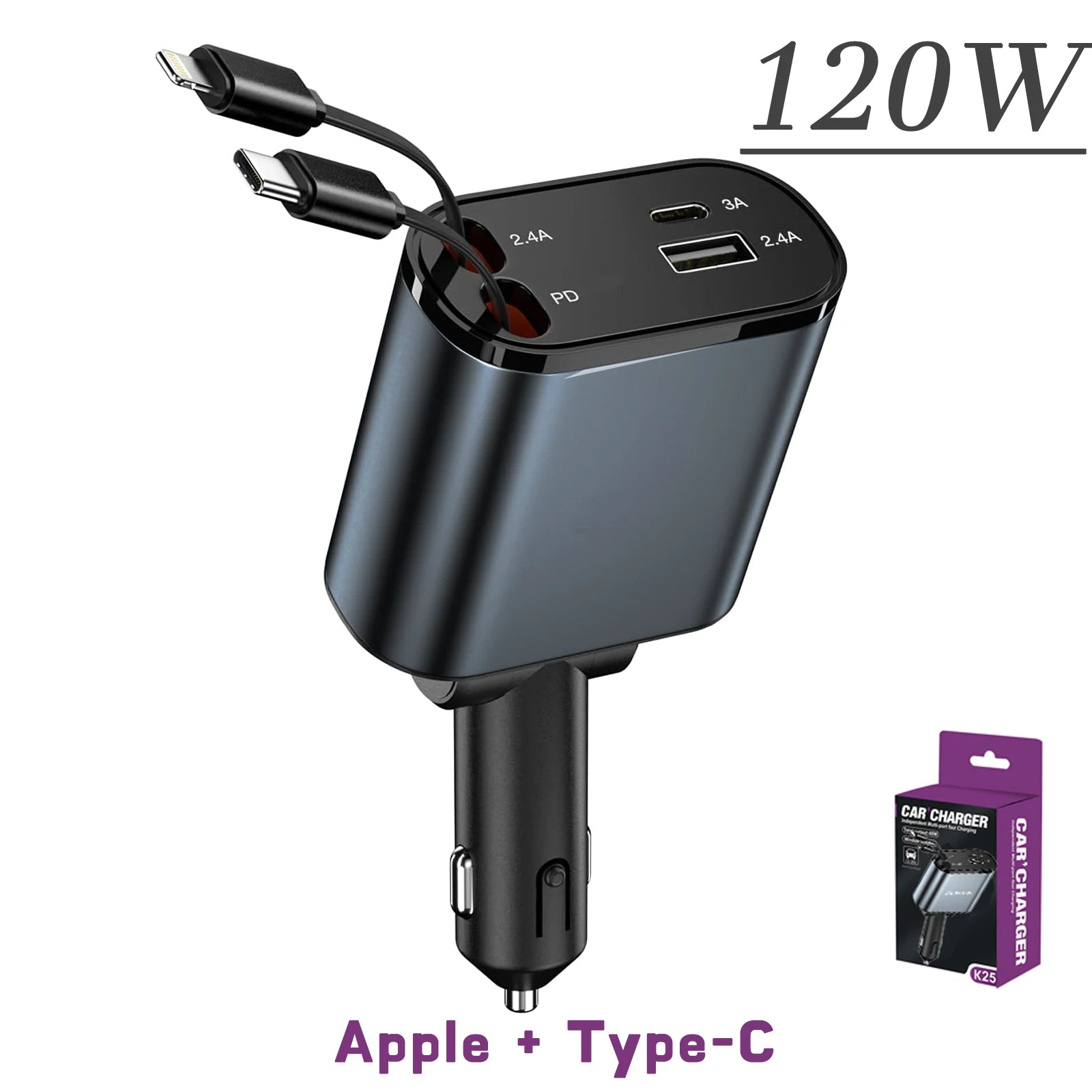 120W 4 IN 1 Car USB Cord Cigarette Lighter Fast Mobile Charger