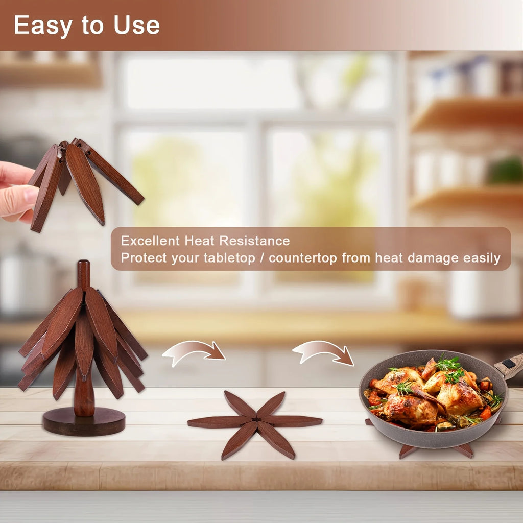 Tree Shape Wooden Trivet Set + 1 Stand for Hot Dishes & Teapot