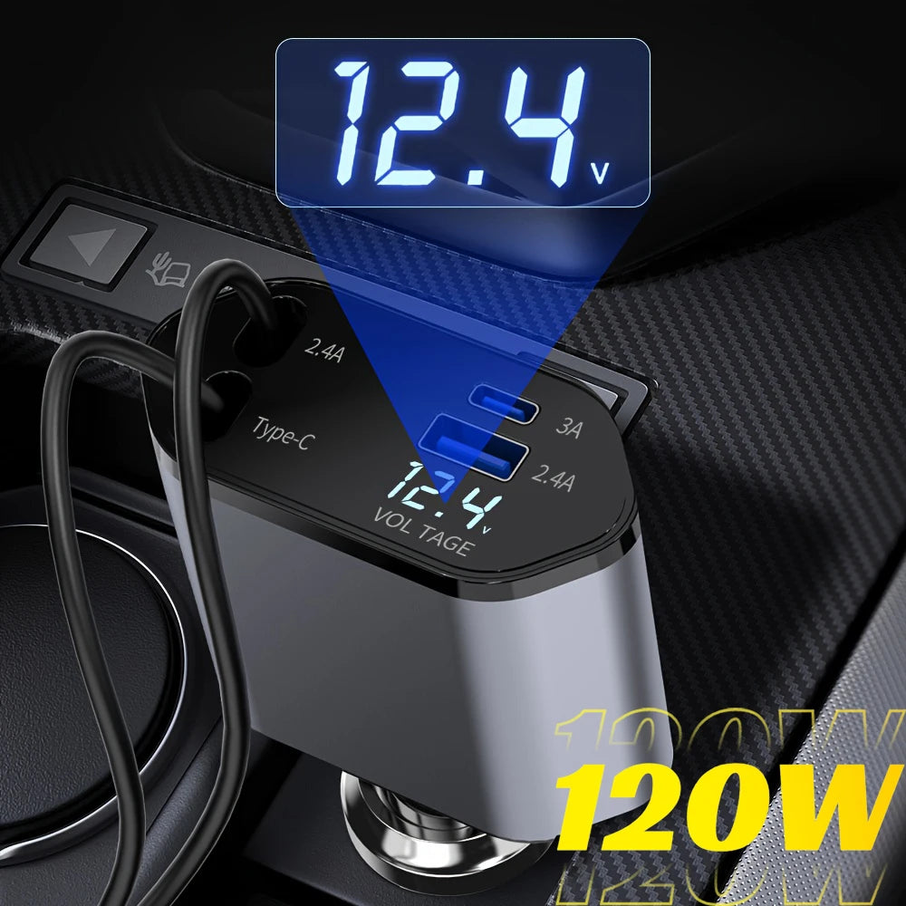 120W 4 IN 1 Car USB Cord Cigarette Lighter Fast Mobile Charger