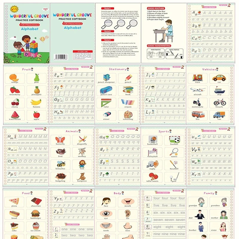 Magical Grooved Writing Practice Books, Copybooks and Pens for Kids ( Reusable )
