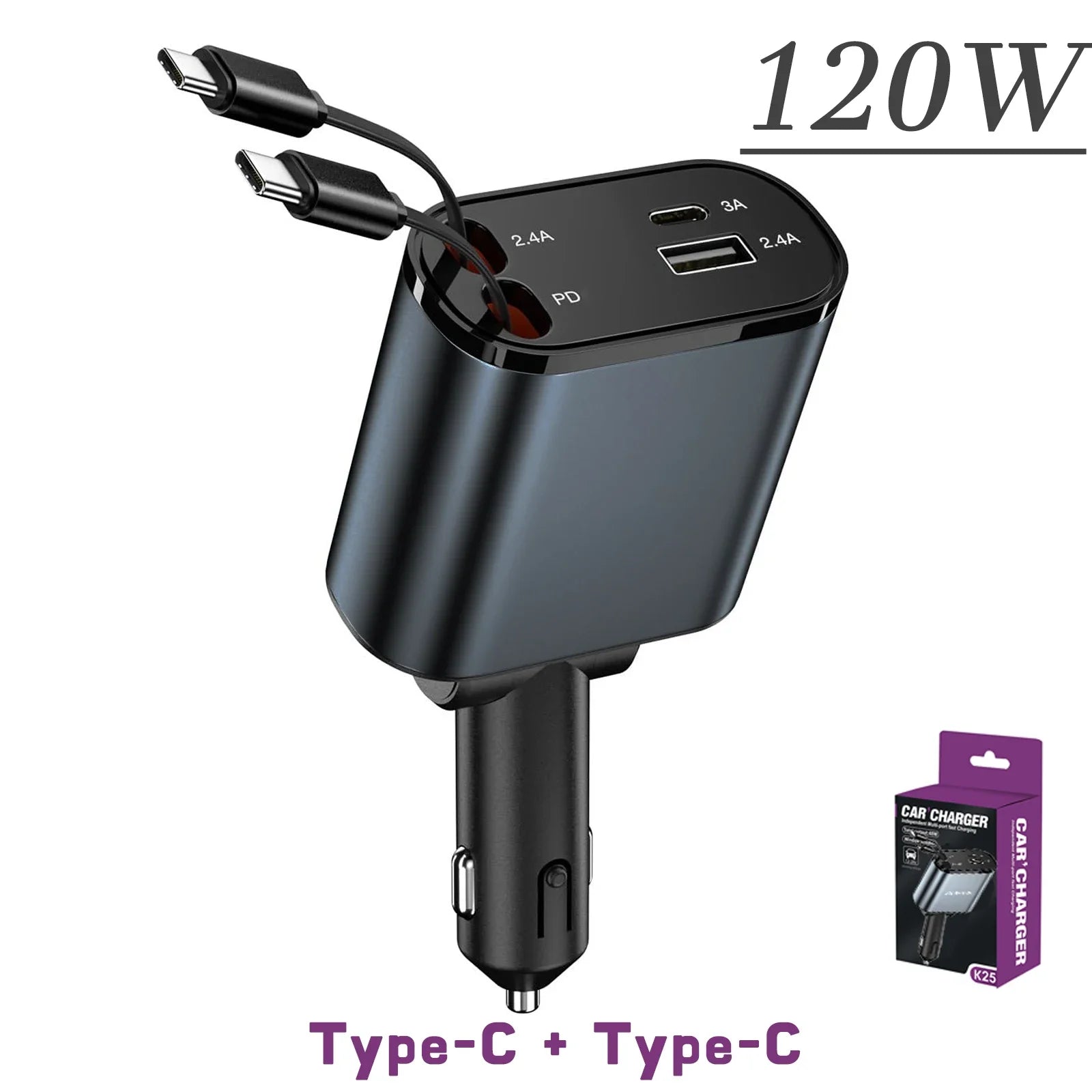 120W 4 IN 1 Car USB Cord Cigarette Lighter Fast Mobile Charger