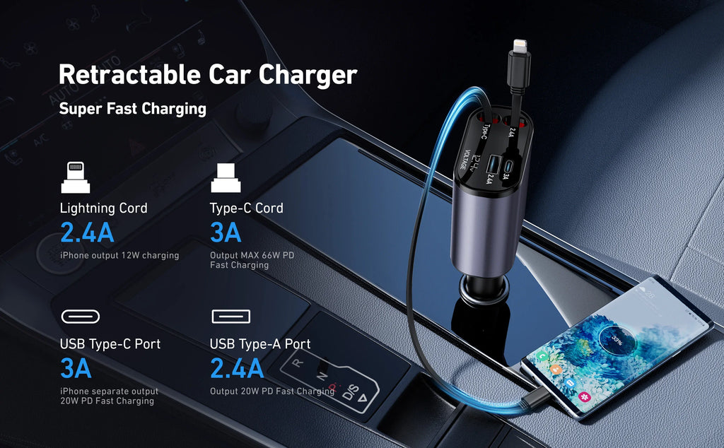 120W 4 IN 1 Car USB Cord Cigarette Lighter Fast Mobile Charger
