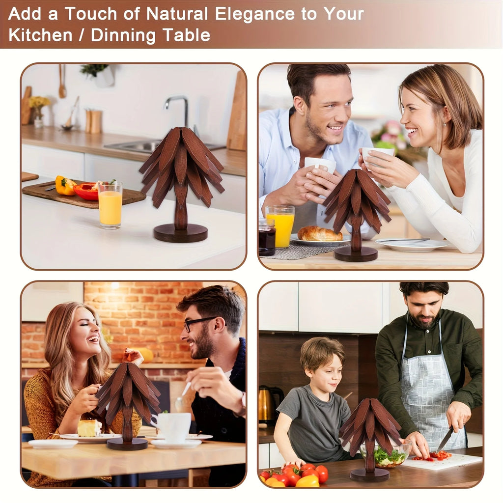 Tree Shape Wooden Trivet Set + 1 Stand for Hot Dishes & Teapot