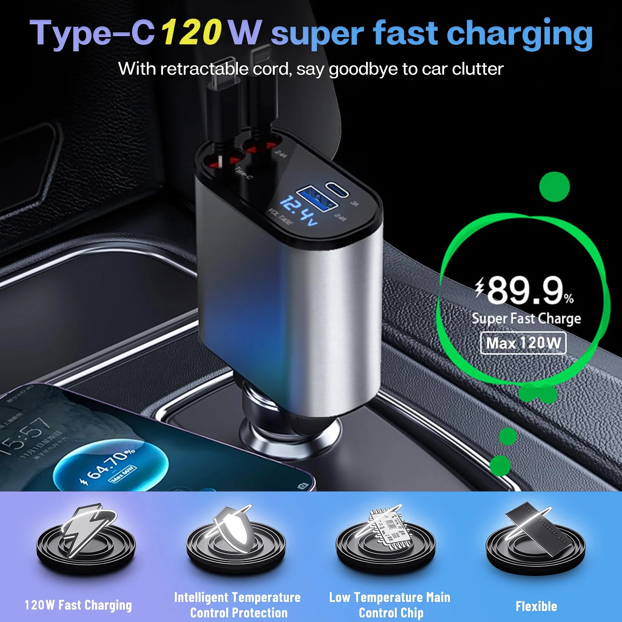 120W 4 IN 1 Car USB Cord Cigarette Lighter Fast Mobile Charger